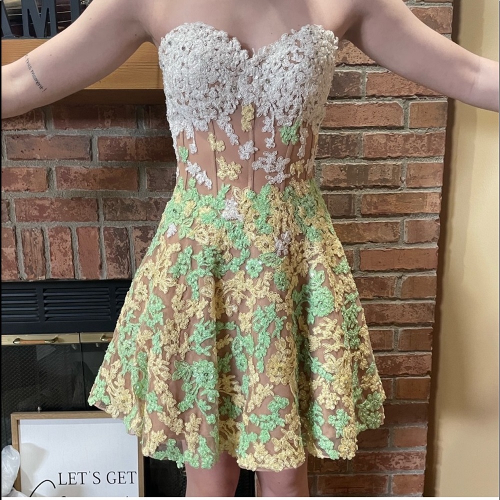 Sherri Hill Strapless Green Yellow Tan Homecoming Mini Dress